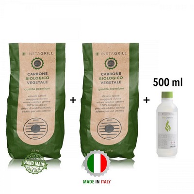 InstaGrill InstaGrill - Carbonella Vegetale di alta Qualità - 2 x 2,5 Kg + Bioetanolo gel 500ml
